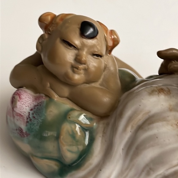 Old Chinese Dynasty Wu Cai Porcelain‎ Feng Shui Tong Zi Kid Boy Peach Statue 7” - Picture 6 of 9